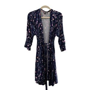 Laura Ashley Floral Navy Pink Robe With Waist Tie L Kimono Cottage Core Boho